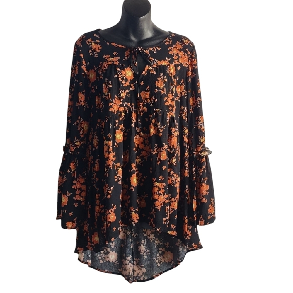 Olive & Leaf Women's Floral Print Flare Sleeve Tie Neck High-low Tunic Sz S NWT